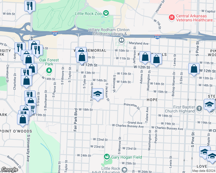 map of restaurants, bars, coffee shops, grocery stores, and more near 1408 South Monroe Street in Little Rock