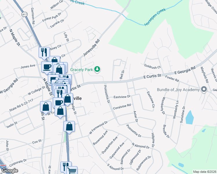 map of restaurants, bars, coffee shops, grocery stores, and more near 103 Poinsettia Drive in Simpsonville