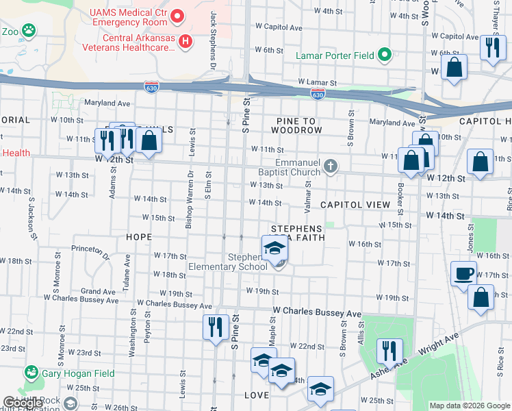 map of restaurants, bars, coffee shops, grocery stores, and more near 1400 South Oak Street in Little Rock