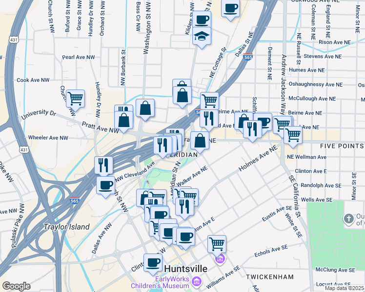 map of restaurants, bars, coffee shops, grocery stores, and more near 26767 Meridian Street North in Huntsville