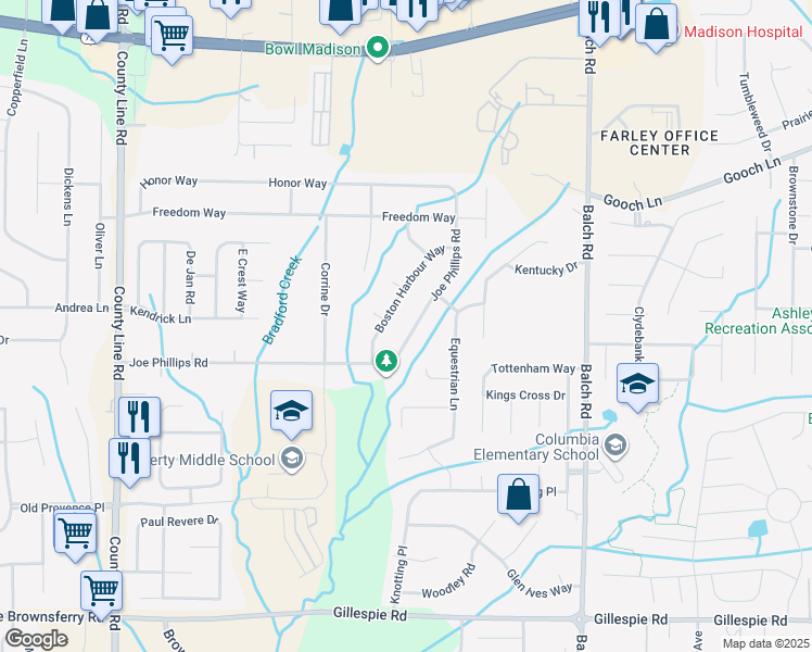 map of restaurants, bars, coffee shops, grocery stores, and more near 167 Joe Phillips Road in Madison