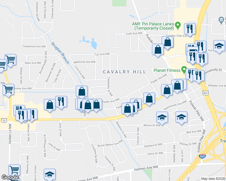 map of restaurants, bars, coffee shops, grocery stores, and more near 2900 Fairbanks Street Northwest in Huntsville