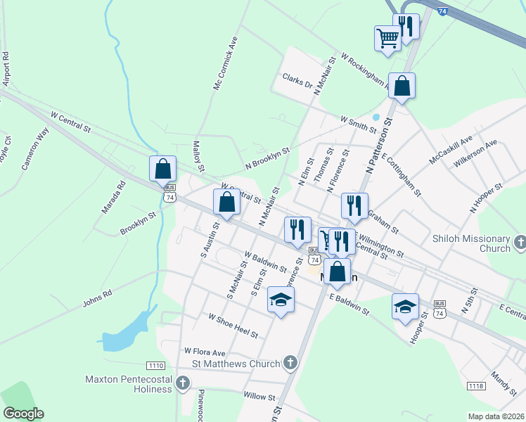 map of restaurants, bars, coffee shops, grocery stores, and more near 307 West Central Street in Maxton