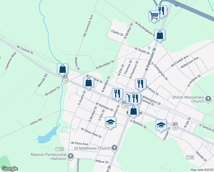 map of restaurants, bars, coffee shops, grocery stores, and more near 307 West Central Street in Maxton