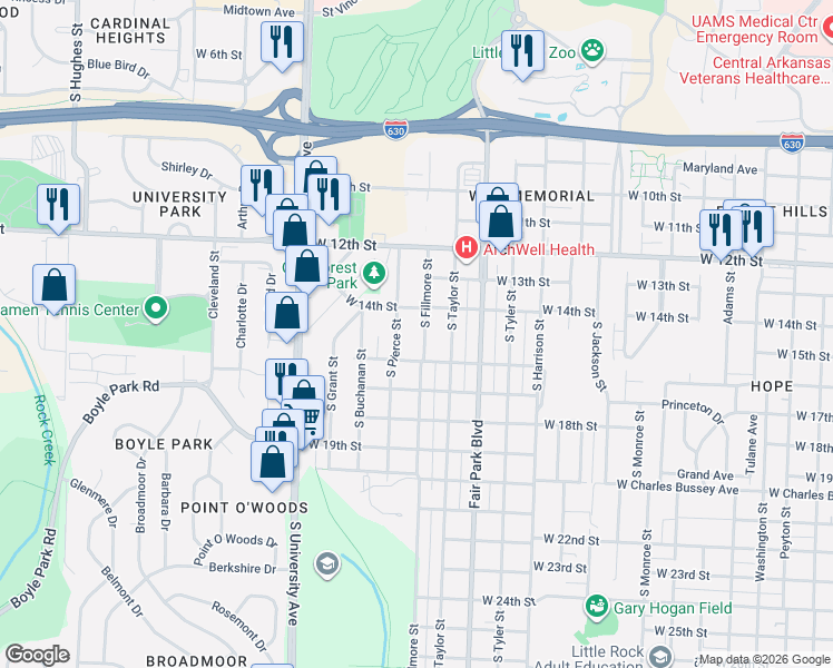 map of restaurants, bars, coffee shops, grocery stores, and more near 1422 South Fillmore Street in Little Rock