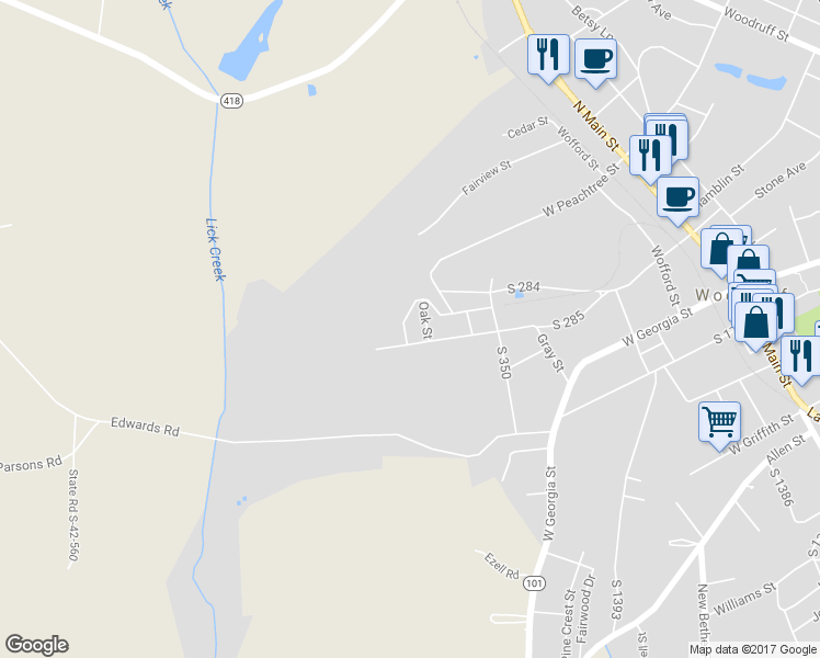 map of restaurants, bars, coffee shops, grocery stores, and more near 315 Round Street in Woodruff