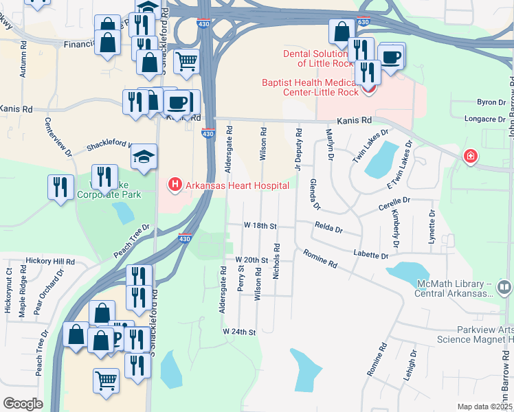 map of restaurants, bars, coffee shops, grocery stores, and more near 1620 Wilson Road in Little Rock