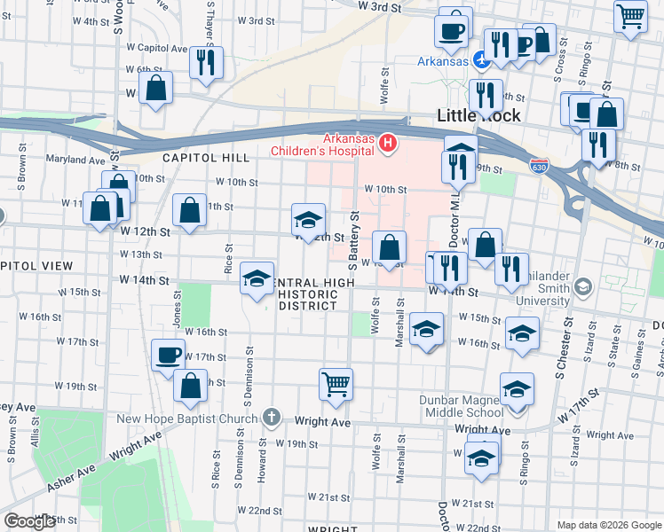 map of restaurants, bars, coffee shops, grocery stores, and more near 1307 South Summit Street in Little Rock