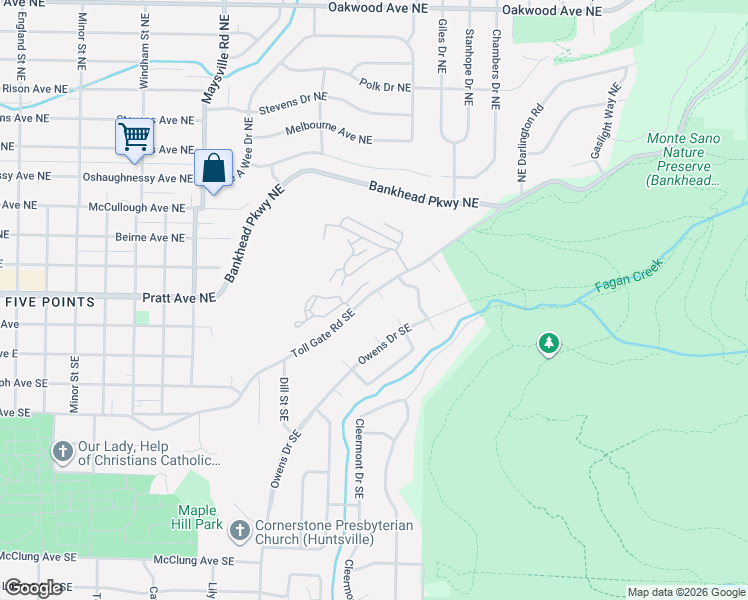 map of restaurants, bars, coffee shops, grocery stores, and more near 2216 Toll Gate Road Southeast in Huntsville