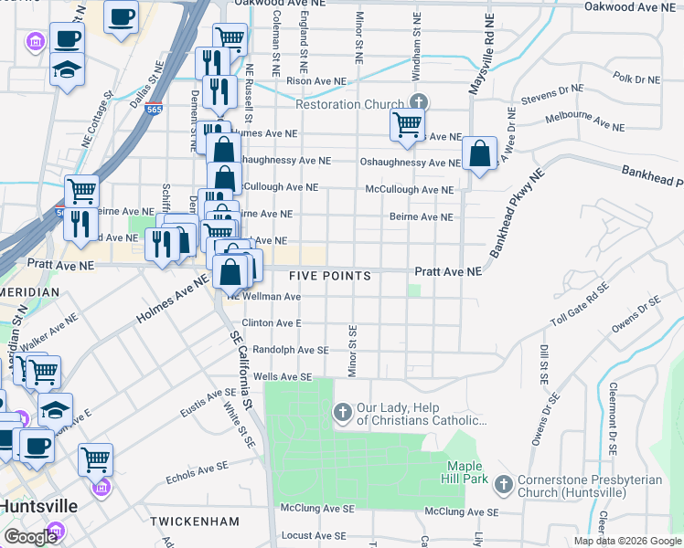 map of restaurants, bars, coffee shops, grocery stores, and more near in Huntsville