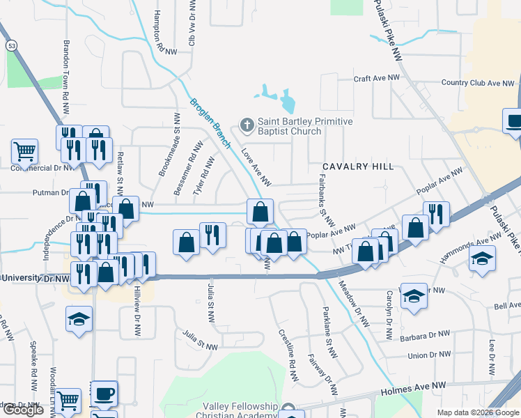 map of restaurants, bars, coffee shops, grocery stores, and more near 1019 Oster Drive Northwest in Huntsville
