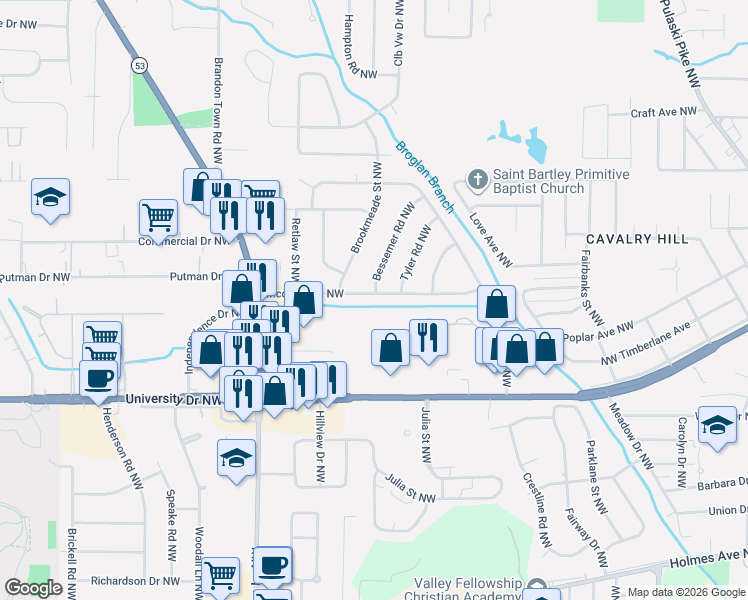map of restaurants, bars, coffee shops, grocery stores, and more near 3127 Mcdow Avenue Northwest in Huntsville