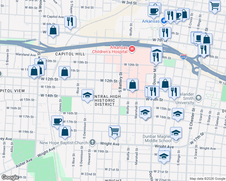 map of restaurants, bars, coffee shops, grocery stores, and more near 1307 South Summit Street in Little Rock
