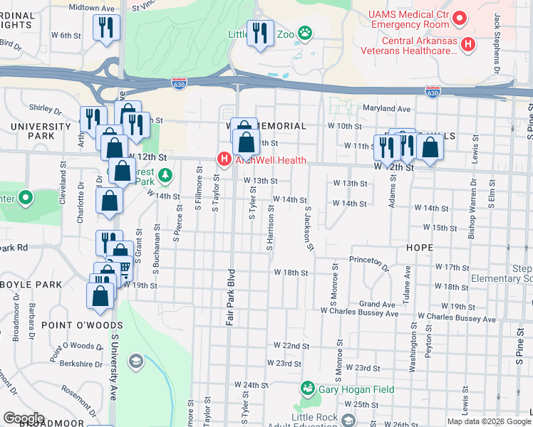 map of restaurants, bars, coffee shops, grocery stores, and more near 1416 South Harrison Street in Little Rock