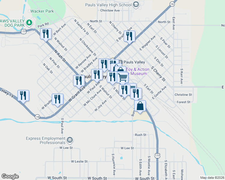 map of restaurants, bars, coffee shops, grocery stores, and more near in Pauls Valley