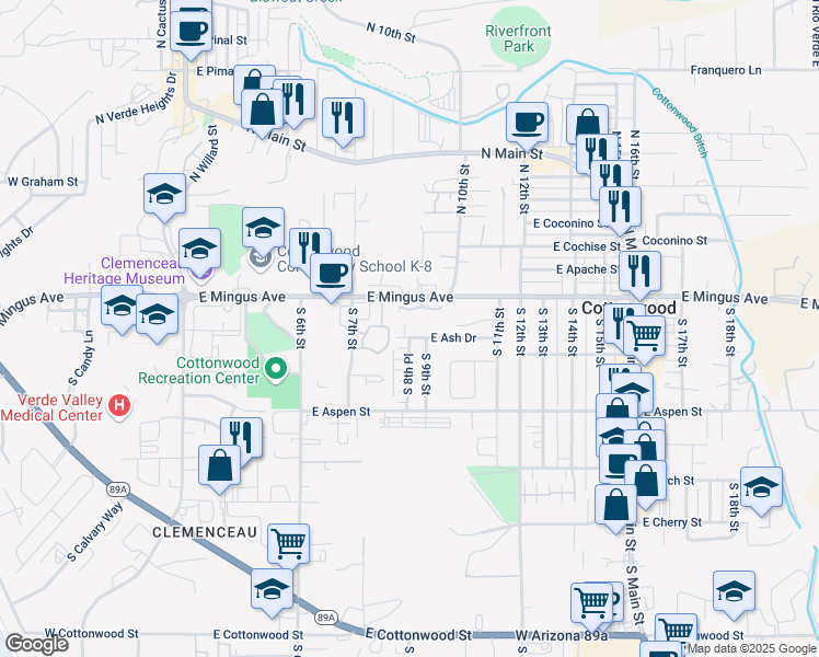 map of restaurants, bars, coffee shops, grocery stores, and more near 886 East Ash Drive in Cottonwood
