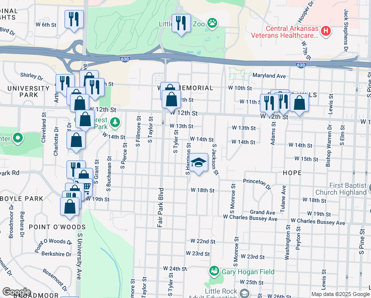 map of restaurants, bars, coffee shops, grocery stores, and more near 1416 South Harrison Street in Little Rock