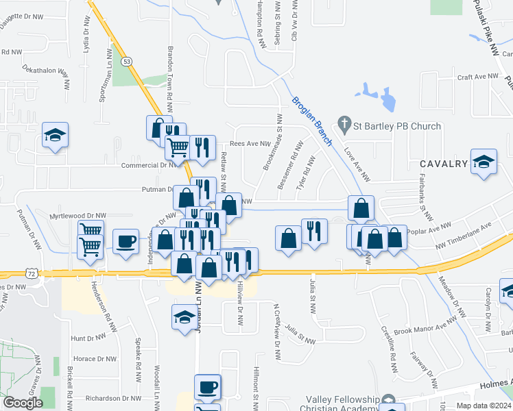 map of restaurants, bars, coffee shops, grocery stores, and more near 3205 Mcdow Avenue Northwest in Huntsville
