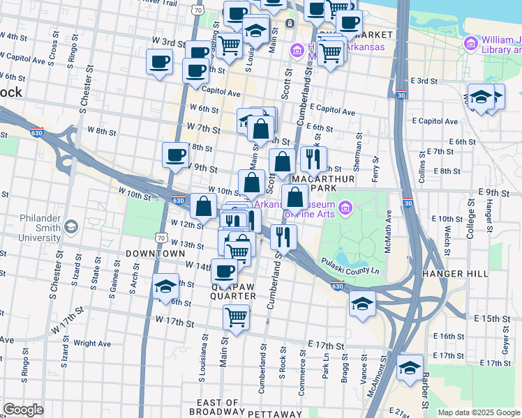 map of restaurants, bars, coffee shops, grocery stores, and more near 1010 Scott Street in Little Rock