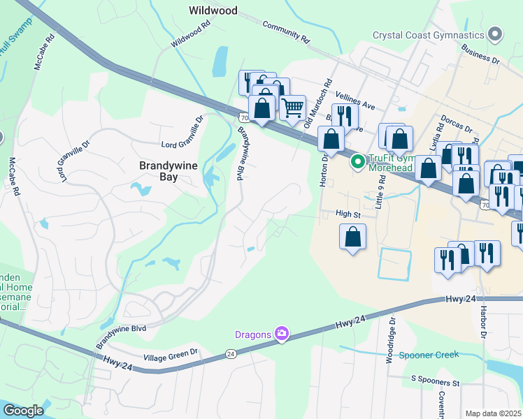 map of restaurants, bars, coffee shops, grocery stores, and more near 101 Sleepy Court in Morehead City