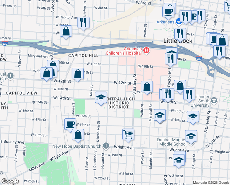 map of restaurants, bars, coffee shops, grocery stores, and more near 1304 South Schiller Street in Little Rock
