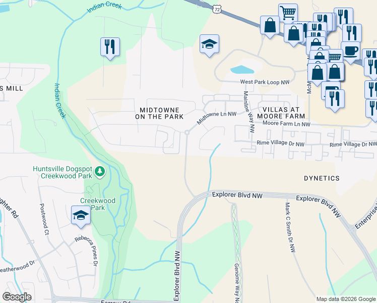map of restaurants, bars, coffee shops, grocery stores, and more near 1115 Pegasus Drive Northwest in Huntsville