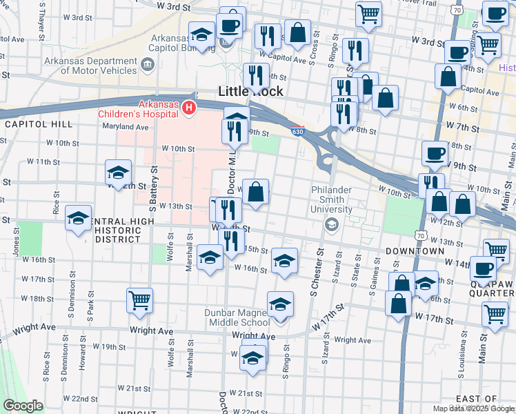 map of restaurants, bars, coffee shops, grocery stores, and more near 1312 West 13th Street in Little Rock