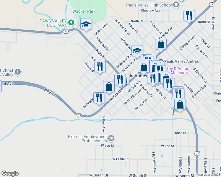 map of restaurants, bars, coffee shops, grocery stores, and more near 551 West Guy Avenue in Pauls Valley