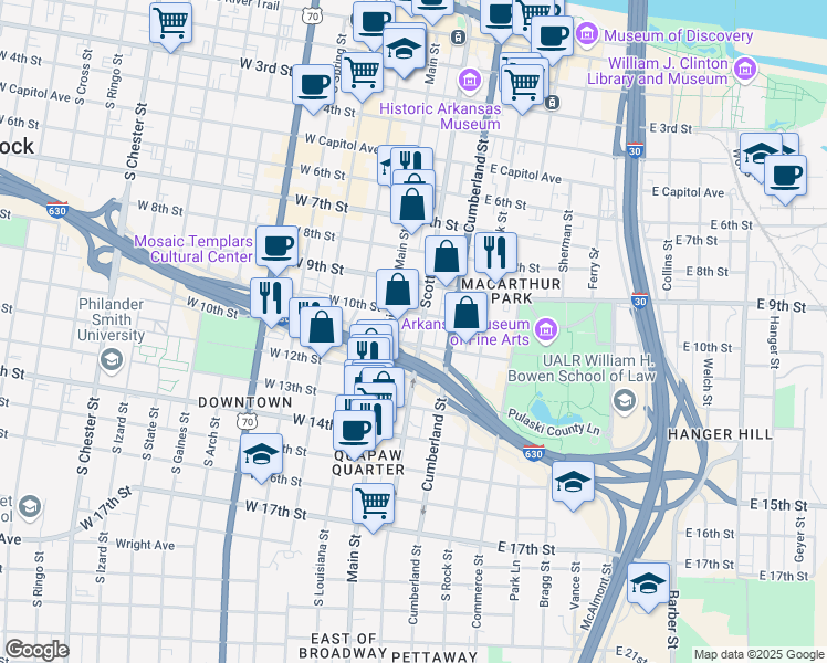 map of restaurants, bars, coffee shops, grocery stores, and more near 1010 Scott Street in Little Rock