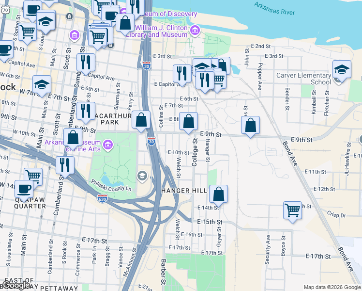 map of restaurants, bars, coffee shops, grocery stores, and more near 918 College Street in Little Rock