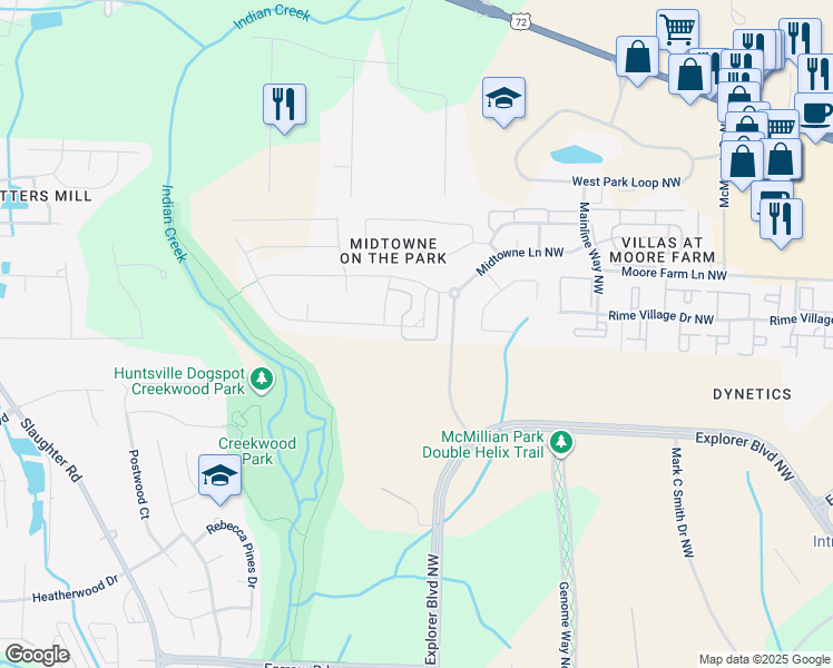 map of restaurants, bars, coffee shops, grocery stores, and more near 1129 Towne Creek Place Northwest in Huntsville
