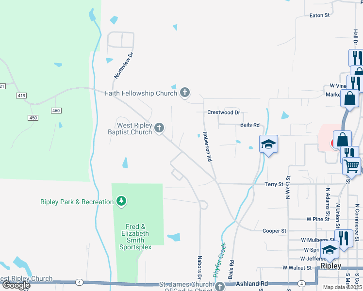 map of restaurants, bars, coffee shops, grocery stores, and more near 758 West Cooper Street in Ripley