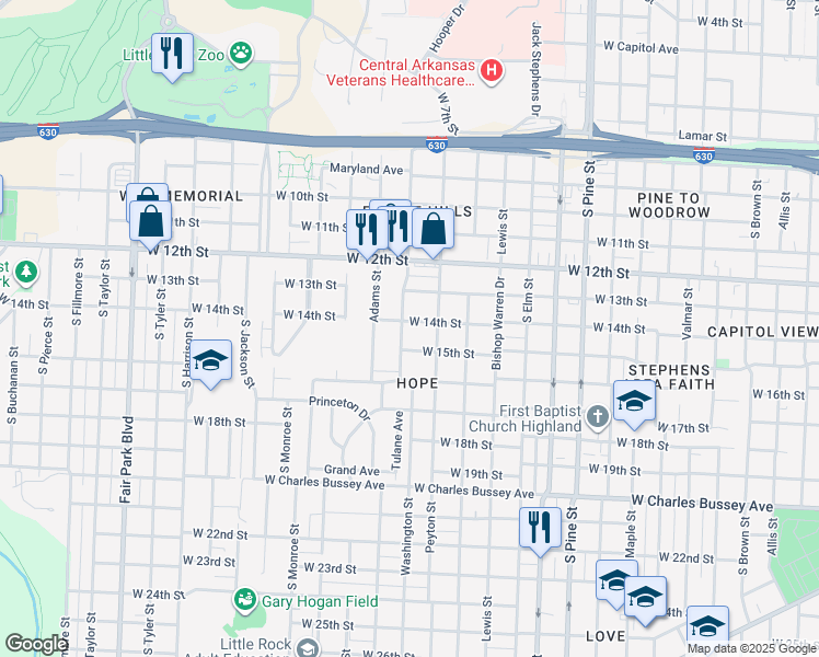 map of restaurants, bars, coffee shops, grocery stores, and more near 1405 Washington St in Little Rock