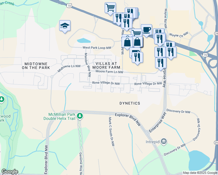 map of restaurants, bars, coffee shops, grocery stores, and more near 6253 Rime Village Drive Northwest in Huntsville