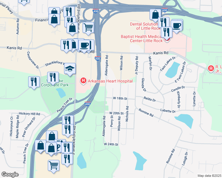 map of restaurants, bars, coffee shops, grocery stores, and more near 1620 Perry Street in Little Rock
