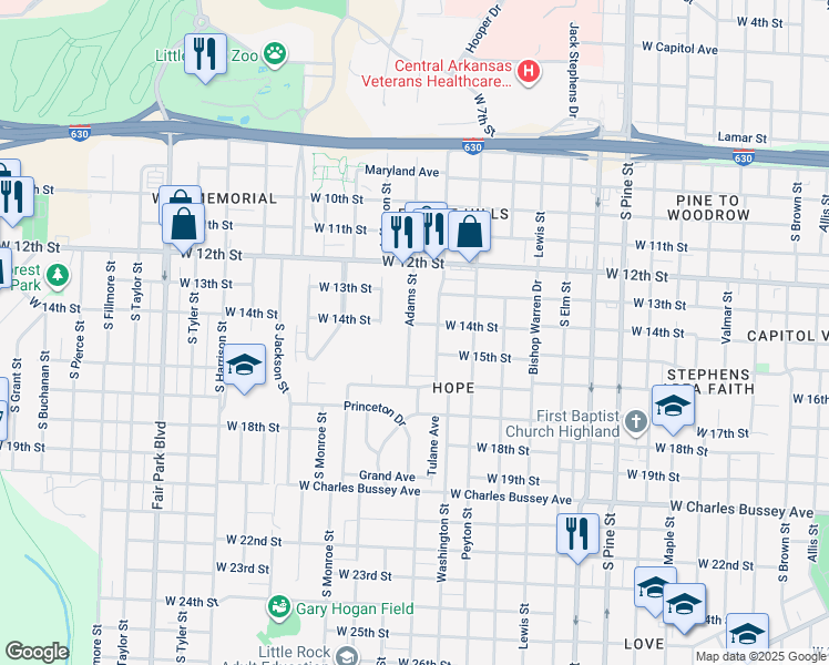 map of restaurants, bars, coffee shops, grocery stores, and more near 1403 Adams Street in Little Rock