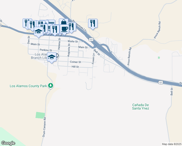 map of restaurants, bars, coffee shops, grocery stores, and more near 576 Foxen Lane in Los Alamos