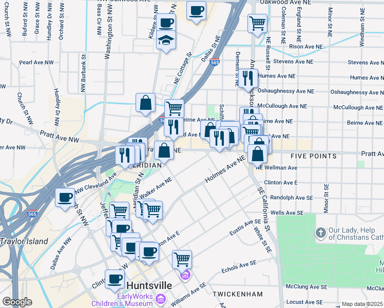 map of restaurants, bars, coffee shops, grocery stores, and more near 300A Pratt Avenue Northeast in Huntsville