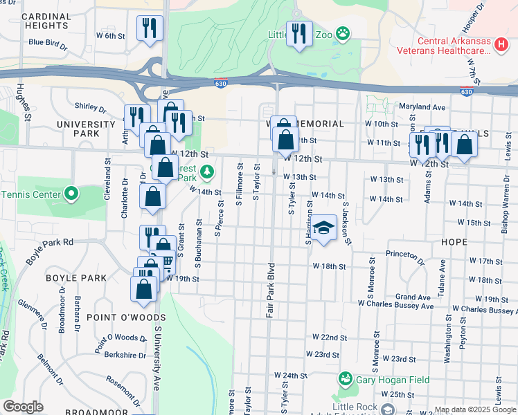 map of restaurants, bars, coffee shops, grocery stores, and more near 1419 South Taylor Street in Little Rock