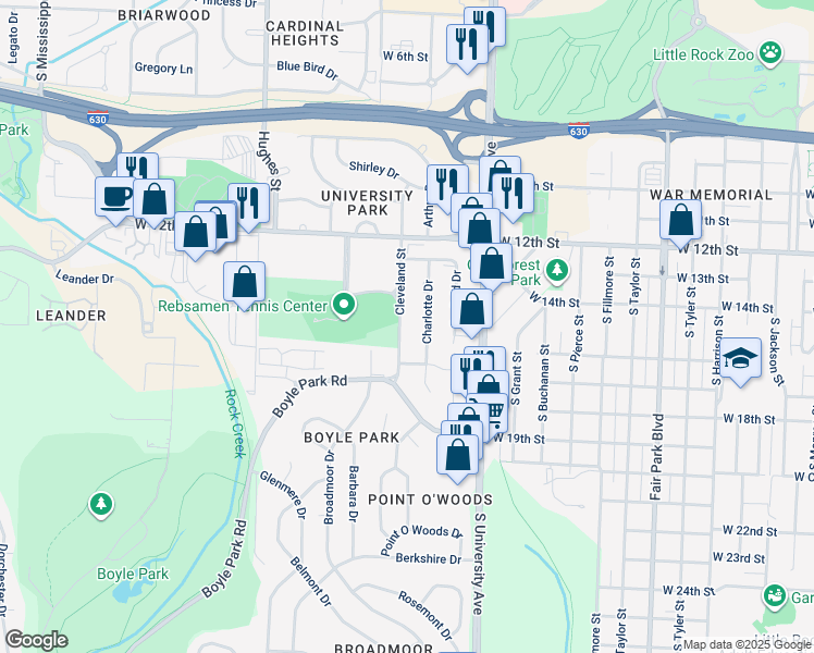 map of restaurants, bars, coffee shops, grocery stores, and more near 1511 South Cleveland Street in Little Rock