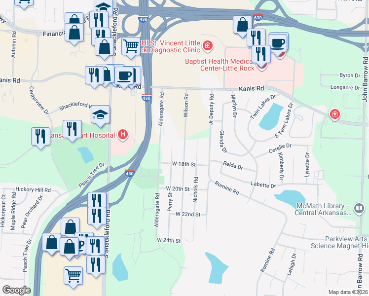 map of restaurants, bars, coffee shops, grocery stores, and more near 1620 Wilson Road in Little Rock