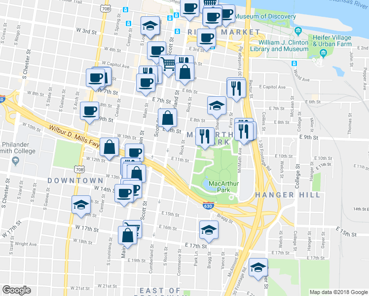 map of restaurants, bars, coffee shops, grocery stores, and more near 409 East 10th Street in Little Rock