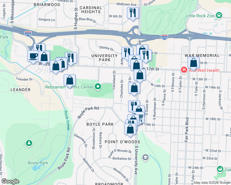 map of restaurants, bars, coffee shops, grocery stores, and more near 1511 South Cleveland Street in Little Rock