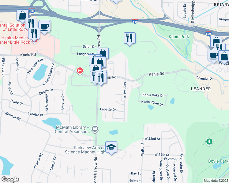 map of restaurants, bars, coffee shops, grocery stores, and more near 8598 Keller Drive in Little Rock