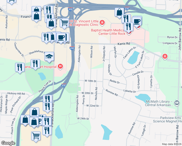 map of restaurants, bars, coffee shops, grocery stores, and more near 1620 Wilson Road in Little Rock