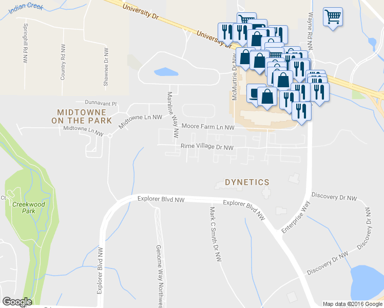 map of restaurants, bars, coffee shops, grocery stores, and more near 6263 Rime Village Drive Northwest in Huntsville