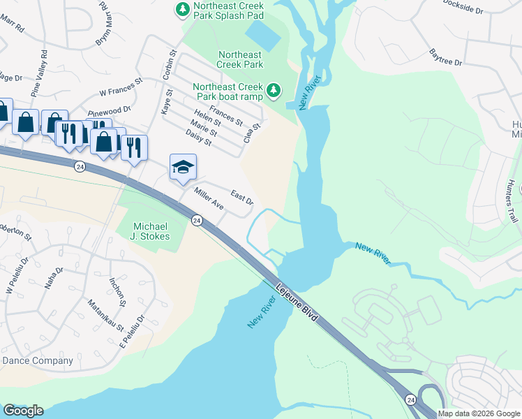 map of restaurants, bars, coffee shops, grocery stores, and more near 33 East Drive in Jacksonville