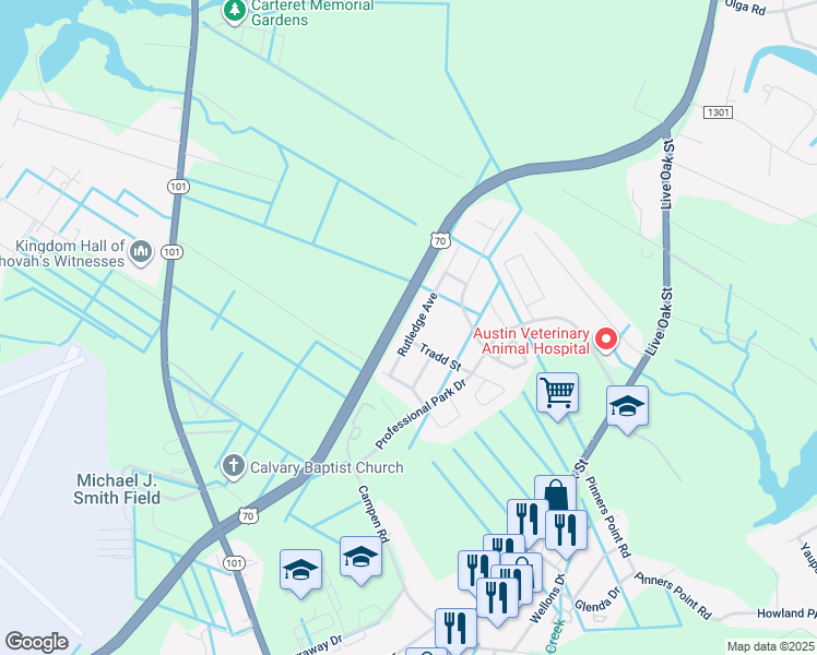 map of restaurants, bars, coffee shops, grocery stores, and more near 215 Rutledge Avenue in Beaufort