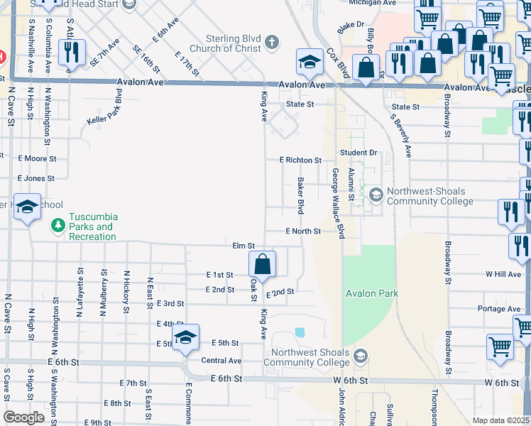 map of restaurants, bars, coffee shops, grocery stores, and more near King Avenue in Tuscumbia