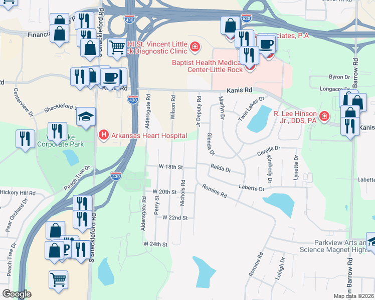 map of restaurants, bars, coffee shops, grocery stores, and more near 1617 Nichols Road in Little Rock